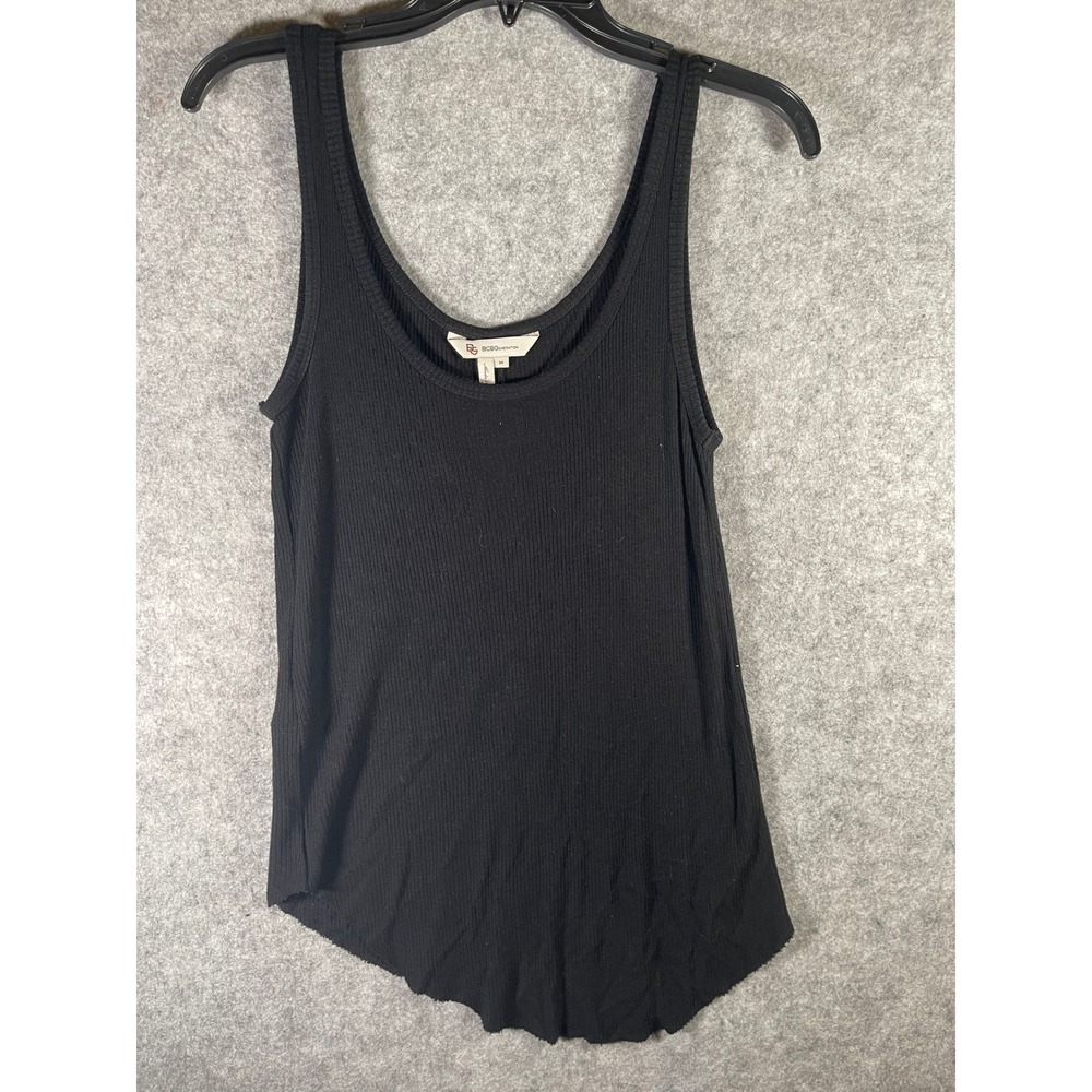 BCBGeneration Ribbed Knit Tank Top Black Scoop Neck Sleeveless Curved Hem Size M